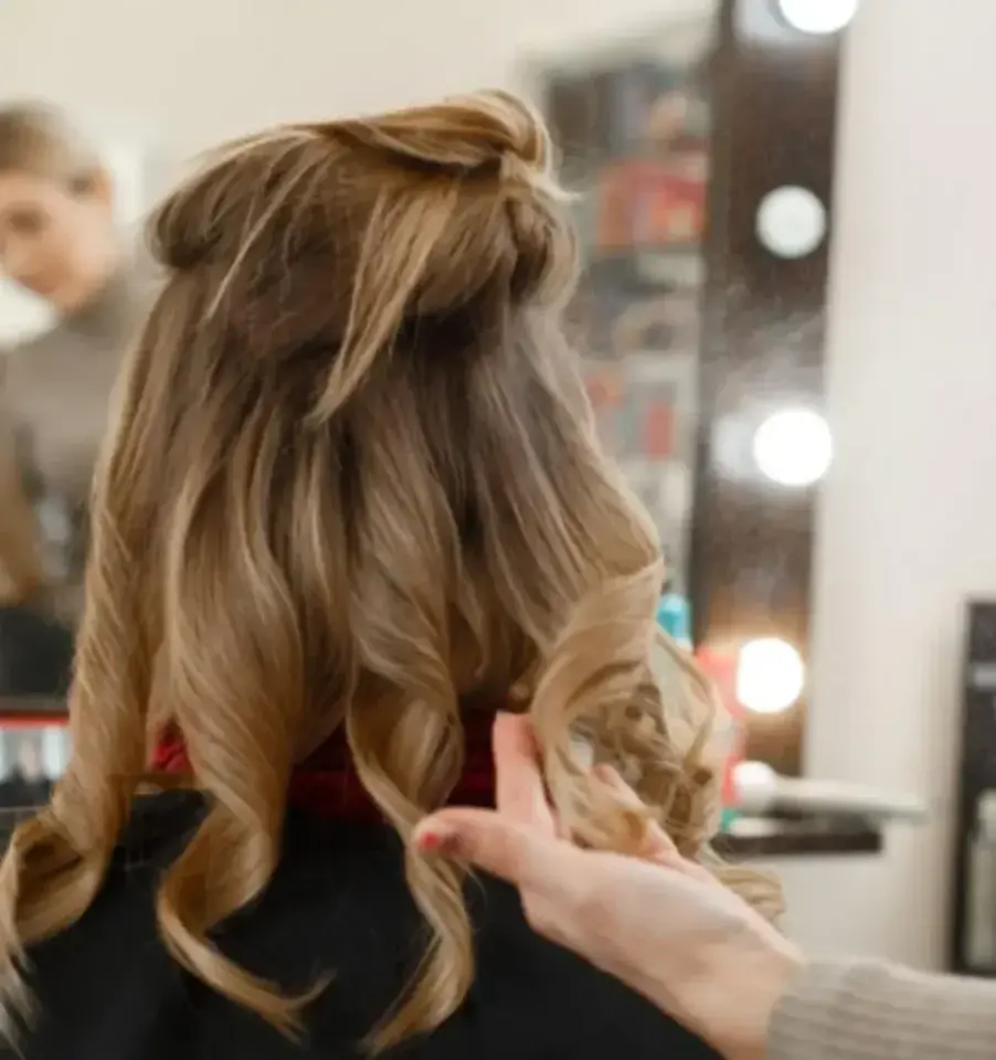 Hairstyling in progress at the styling station, Bella Ciao Salon & Spa, Hollywood