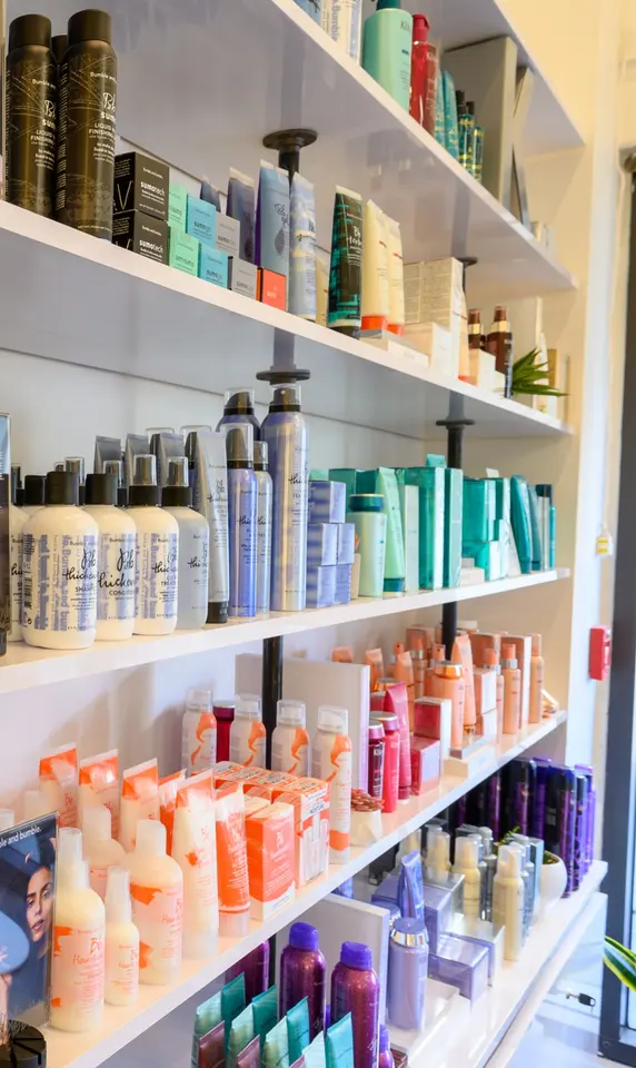 Product shelves at Bravo Salon & Spa