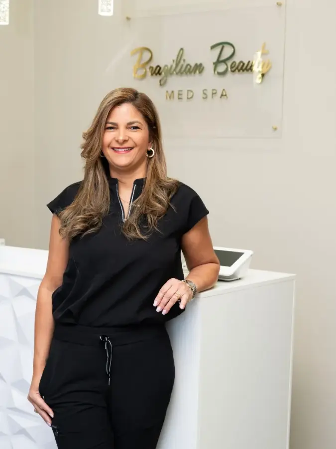 Reception desk with Brazilian Beauty Med Spa signage, Suwanee