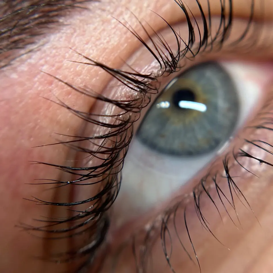 Close-up lash lift and tint result shown in Exelement’s booking menu