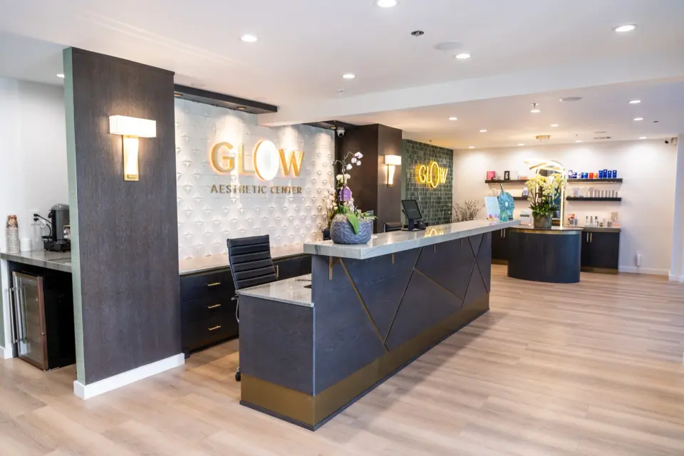 Glow Aesthetic Center’s Encino reception desk and product display
