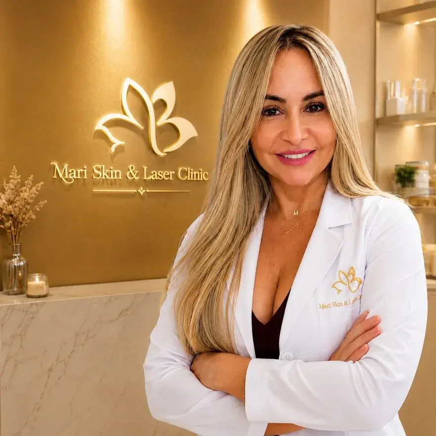 Provider in front of the reception wall at Mari Skin & Laser Clinic, Sunny Isles Beach