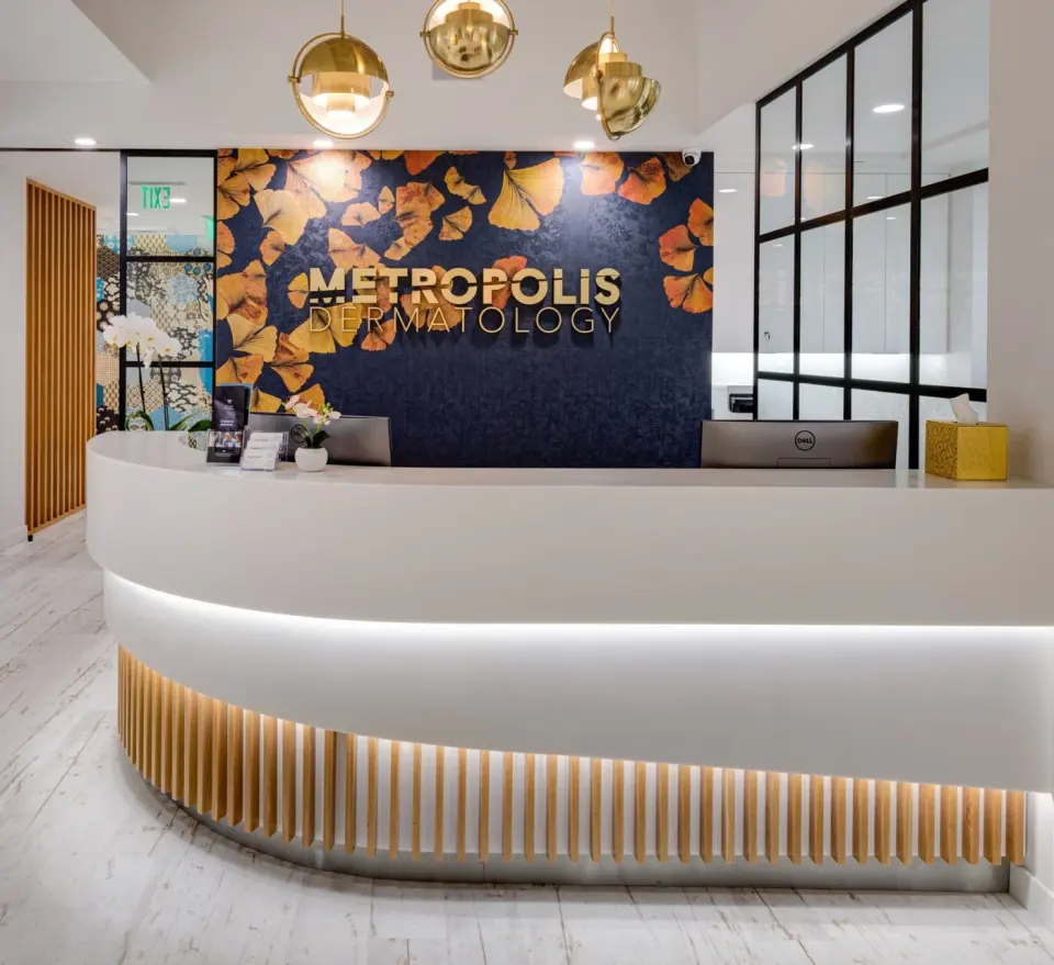 Reception area at Metropolis Dermatology’s Brentwood office