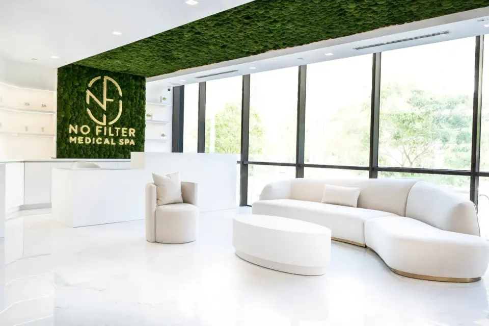Reception lounge at No Filter Medical Spa, Brickell