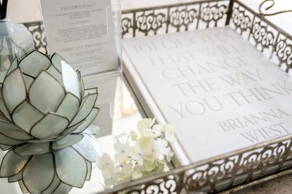 Reception tray detail at SAHA Med Spa, Johns Creek