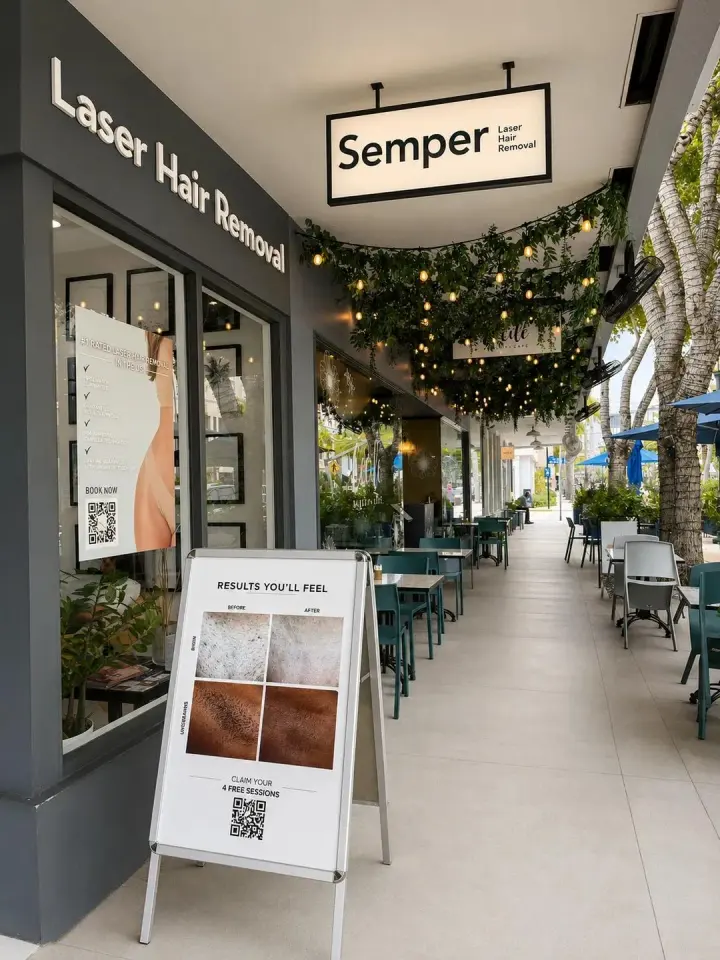 Storefront with "Semper Laser Hair Removal" sign, South Miami