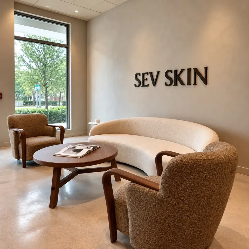 Waiting lounge with "SEV SKIN" wall lettering, Fort Lauderdale