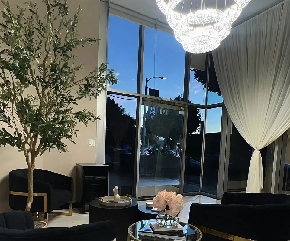 The Skin Agency Beverly Hills reception seating and glass entrance.