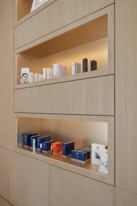 Illuminated display shelves inside True Jewel Cosmetic Center in Culver City.